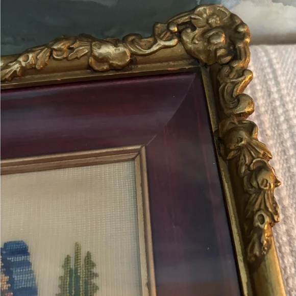 Vintage Petit Point Framed Fine Needlepoint Gilt Gold Wood Frame Victorian Girl - Picture 9 of 12